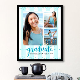 Turquoise Blau Grad 3 Foto Glitter Script Strepen Poster