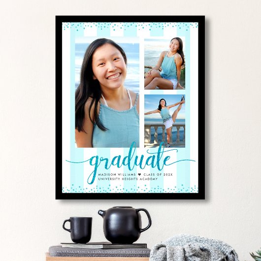 Turquoise Blau Grad 3 Foto Glitter Script Strepen Poster