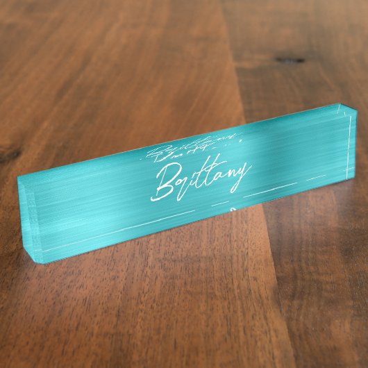 Turquoise Blau Ombre Folie Moderne Borstel Schrift Naambordje (Zijkant)
