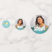 Turquoise blauw afstuderen 3 foto vetgedrukte typo confetti (Achterkanten)