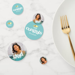 Turquoise blauw afstuderen 3 foto vetgedrukte typo confetti