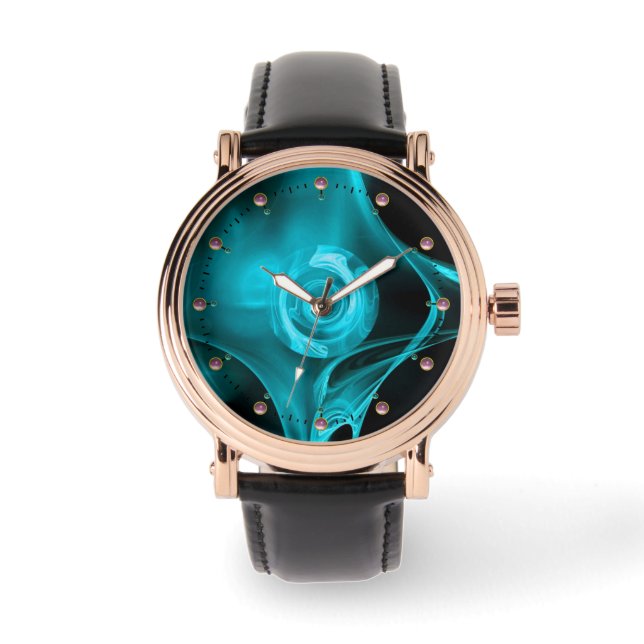 TURQUOISE BLAUW BLAUWGROEN FRACTALE ROOS HORLOGE (Voorkant)