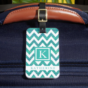 Turquoise Blauw Blauwgroen Groen Wit Chevron Patro Bagagelabel