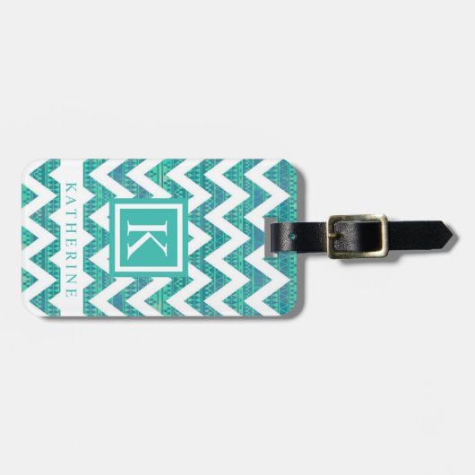 Turquoise Blauw Blauwgroen Groen Wit Chevron Patro Bagagelabel (Voorkant horizontaal)