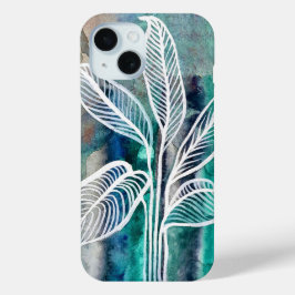 Turquoise Blauw & Blauwgroen Moderne Botanische Wa iPhone 15 Case
