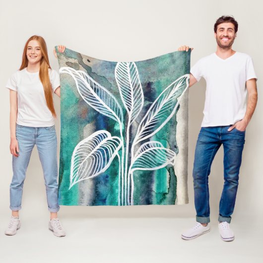 Turquoise Blauw & Blauwgroen Moderne Botanische Wa Fleece Deken (In situ)