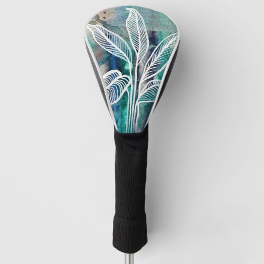 Turquoise Blauw & Blauwgroen Moderne Botanische Wa Golfheadcover (Voorkant)