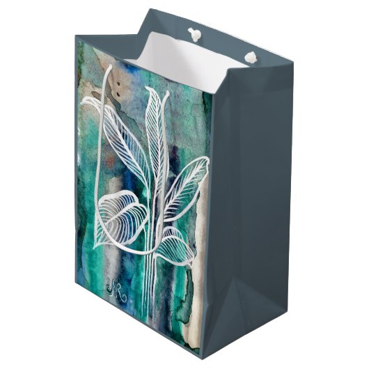 Turquoise Blauw & Blauwgroen Moderne Botanische Wa Medium Cadeauzakje (Voorkant Gekanteld)