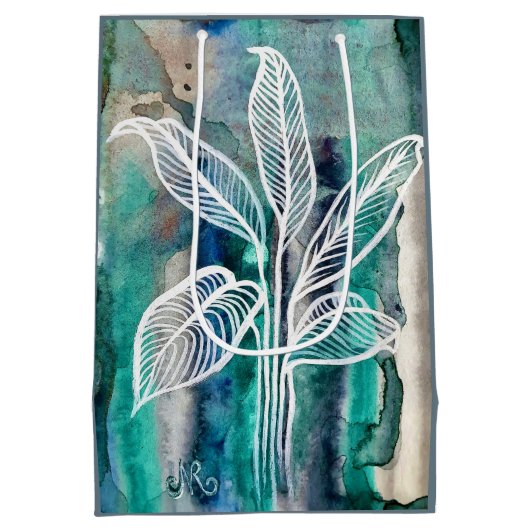 Turquoise Blauw & Blauwgroen Moderne Botanische Wa Medium Cadeauzakje (Achterkant)