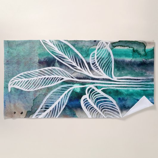 Turquoise Blauw & Blauwgroen Moderne Botanische Wa Strandlaken (Voorkant)