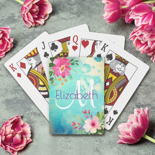 Turquoise Blauw Bloemend Waterverf Chic Monogram Pokerkaarten