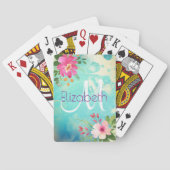 Turquoise Blauw Bloemend Waterverf Chic Monogram Pokerkaarten (Achterkant)