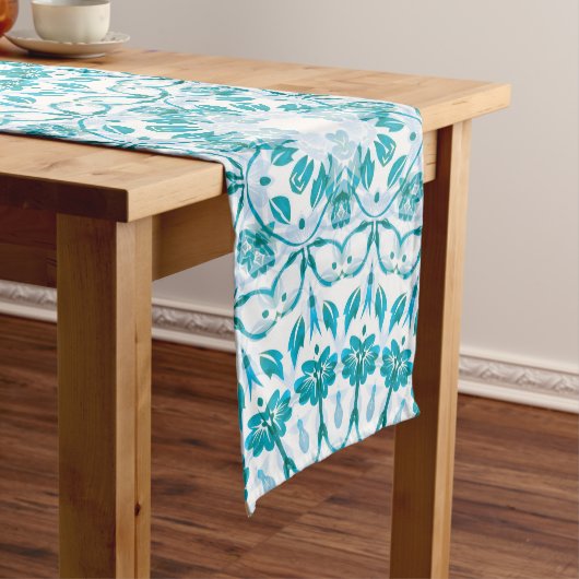 Turquoise Blauw Bloemmotief Mandala Medium Tafelloper (Voorbeeld)