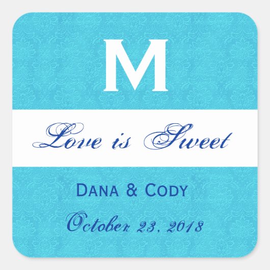 Turquoise Blauw Damask Bruiloft Monogram Vierkante Sticker (Voorkant)