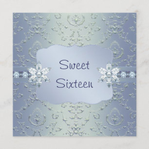 Turquoise Blauw Damast Glans Sweet Sixteen Uitnodi Kaart