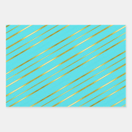 Turquoise blauw Elegant Goudgestreept Inpakpapier Vel