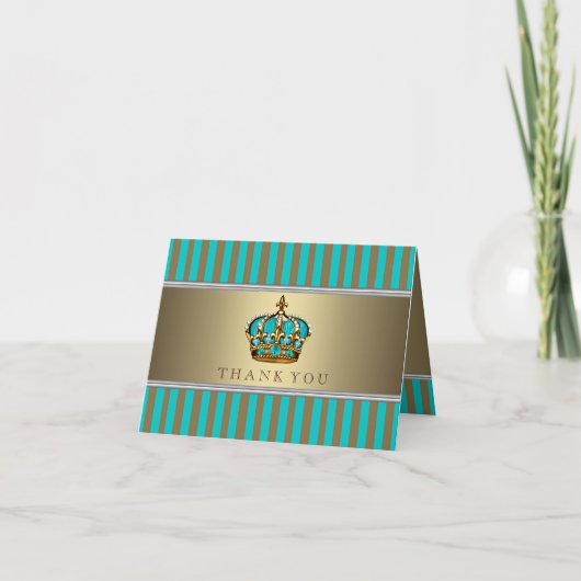 Turquoise Blauw en Goud Prince Baby shower Bedankkaart (Voorkant)