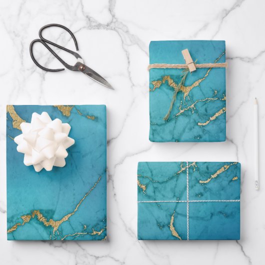 Turquoise Blauw en Gouden Marmeren Kijk Inpakpapier Vel (Voorkant)