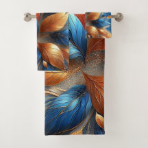 Turquoise Blauw en Koperen Bladeren Abstract Handd