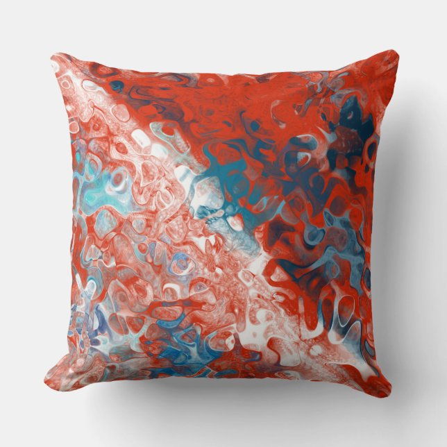 Turquoise Blauw en Rood Abstract Kussen (Voorkant)