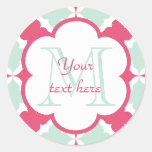 Turquoise Blauw en Roos rode tegel patroonmonogram Ronde Sticker