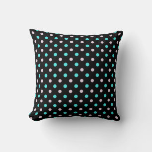turquoise blauw en roze polka stippen op zwart kussen