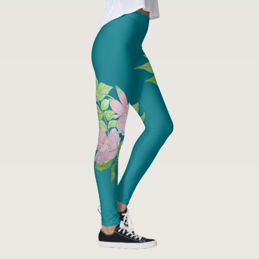 Turquoise blauw en vet roze bloemmotief bloemenmot leggings (Rechts)