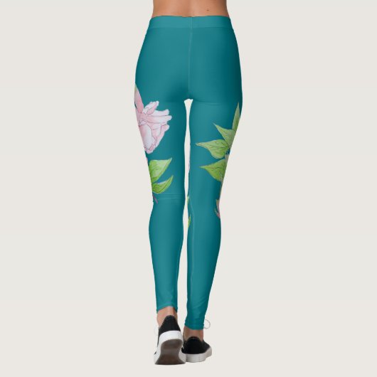 Turquoise blauw en vet roze bloemmotief bloemenmot leggings (Achterkant)