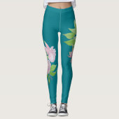 Turquoise blauw en vet roze bloemmotief bloemenmot leggings (Voorkant)