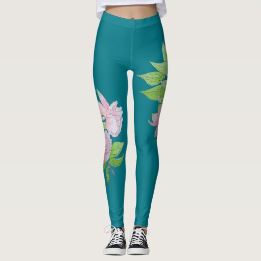 Turquoise blauw en vet roze bloemmotief bloemenmot leggings (Voorkant)