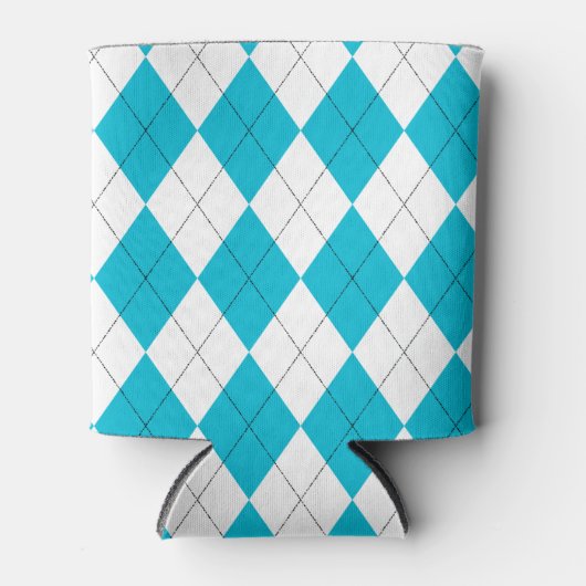 Turquoise Blauw en Wit Argyle Patroon Blikjeskoeler (Voorkant)