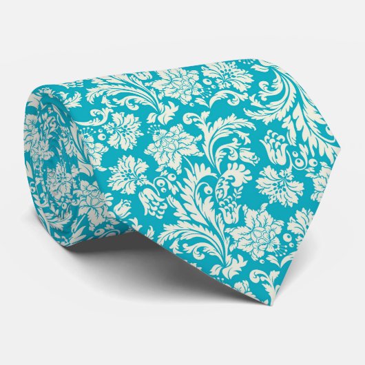 Turquoise blauw en wit Elegante bloemdamast Stropdas (Opgerold)