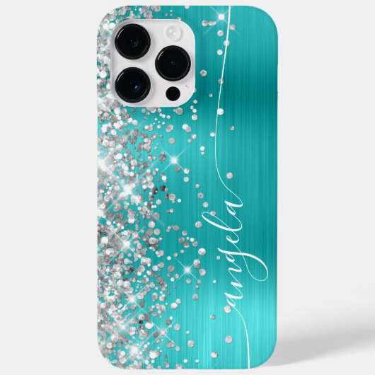 Turquoise Blauw en Zilver Glitter Glam Handtekenin Case-Mate iPhone Case (Achterkant)