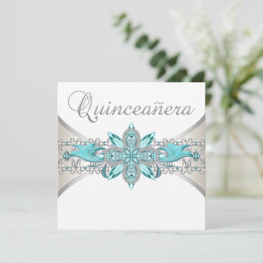 Turquoise Blauw en Zilver Quinceanera Kaart (Staand voorkant)