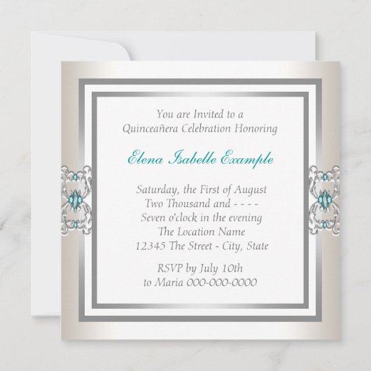 Turquoise Blauw en Zilver Quinceanera Kaart (Achterkant)