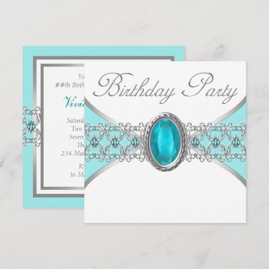 Turquoise Blauw en Zilver Verjaardagsfeest Kaart (Voorkant / Achterkant)