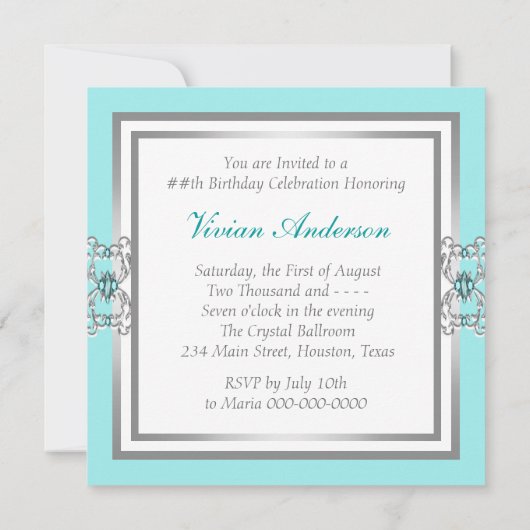 Turquoise Blauw en Zilver Verjaardagsfeest Kaart (Achterkant)