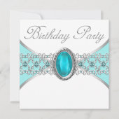 Turquoise Blauw en Zilver Verjaardagsfeest Kaart (Voorkant)