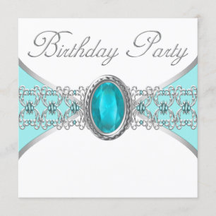 Turquoise Blauw en Zilver Verjaardagsfeest Kaart