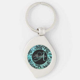 Turquoise blauw en zwart bloemenmonogram sleutelhanger