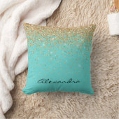 Turquoise Blauw en Zwart Glitter Sparkle Monogram Kussen (Deken)