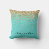 Turquoise Blauw en Zwart Glitter Sparkle Monogram Kussen (Voorkant)