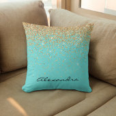 Turquoise Blauw en Zwart Glitter Sparkle Monogram Kussen