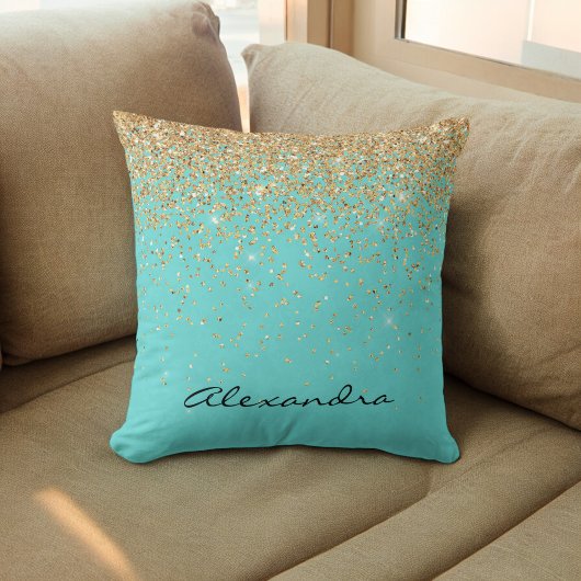 Turquoise Blauw en Zwart Glitter Sparkle Monogram Kussen