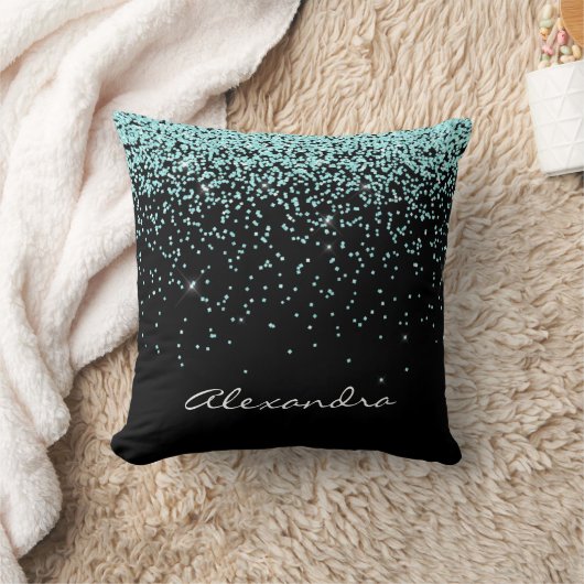 Turquoise Blauw en Zwart Glitter Sparkle Monogram Kussen (Deken)