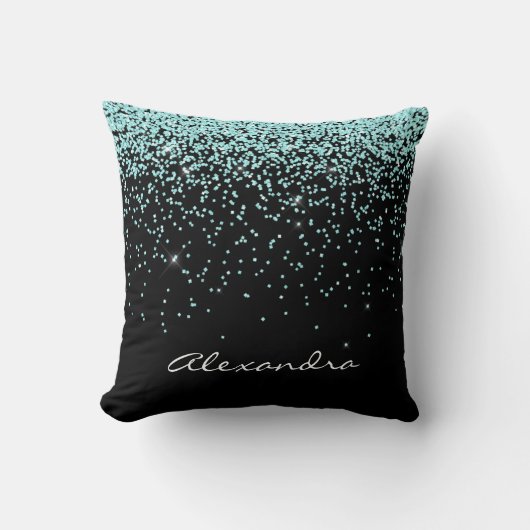 Turquoise Blauw en Zwart Glitter Sparkle Monogram Kussen (Voorkant)