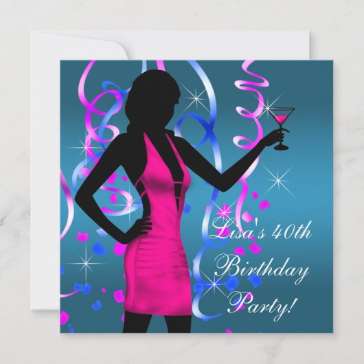 Turquoise Blauw Fel Roze 40e Verjaardagsfeestje Kaart (Voorkant)