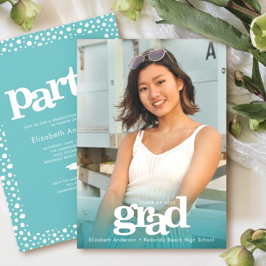 Turquoise blauw foto vet modern eenvoudig afstudee kaart