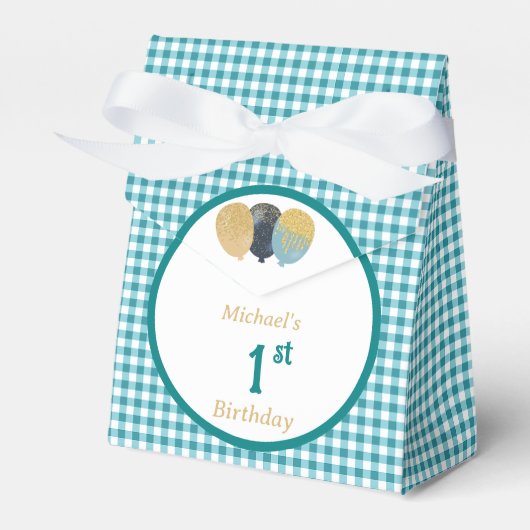 Turquoise Blauw Gingham Glitter Ballon Custom 3 Fo Bedankdoosjes (Voorkant Zijde)