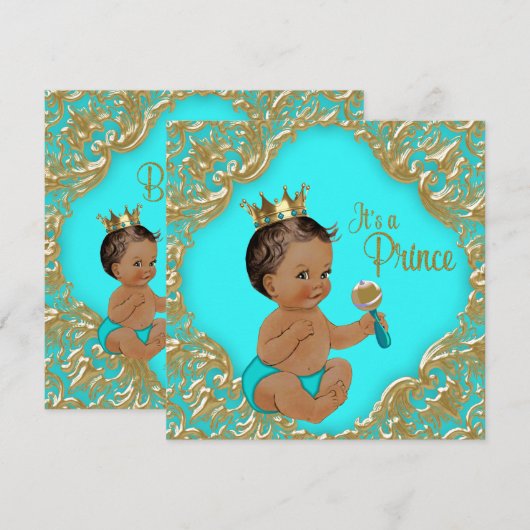 Turquoise Blauw Goud Etnisch Prince Baby shower Kaart (Voorkant / Achterkant)